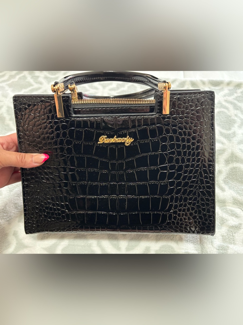 Black Croc-Embossed Top-Handle Tote